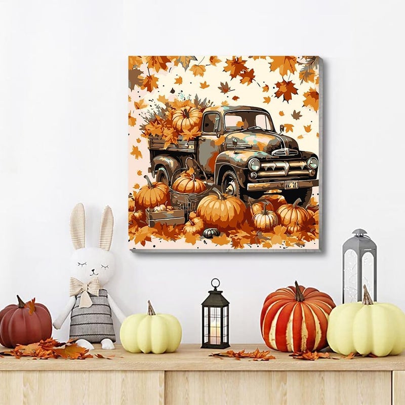 VIGEGU 4 Pack Thanksgiving Paint by Numbers Kit for Adults with Framed,Fall Pumpkin Paint by Number with Wooden Easel DIY Autumn Scarecrow Truck Adult Paint by Number Kits for Wall Decor 10x10in - Image 2